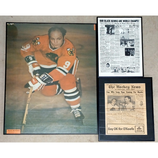 LOT OF 3 - CHICAGO BLACK HAWKS #9 BOBBY HULL PHOTO & NEWS ARTICLES - FRAMED