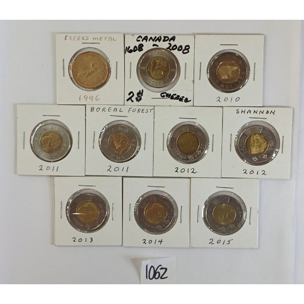 LOT OF 10 - 1996, 2008 & 2010-2014 CDN $1 & $2 COINS