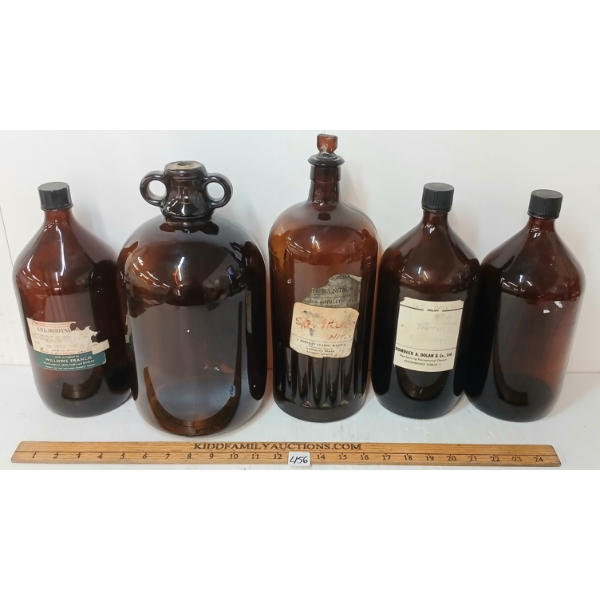 LOT OF 5 - AMBER GLASS PHARMACEUTICAL & VETERINARIAN JUGS