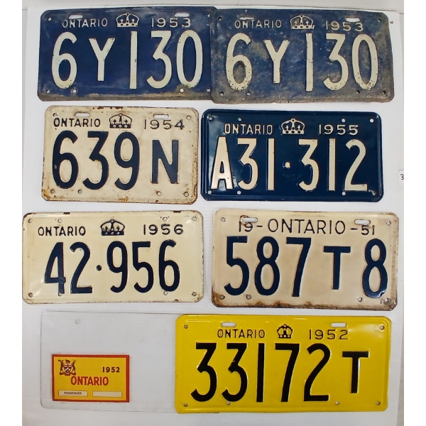 LOT OF 8 - 1951-1956 ONTARIO LICENCE PLATES - INCL 1953 PAIR & 1952 PASSENGER STAMP