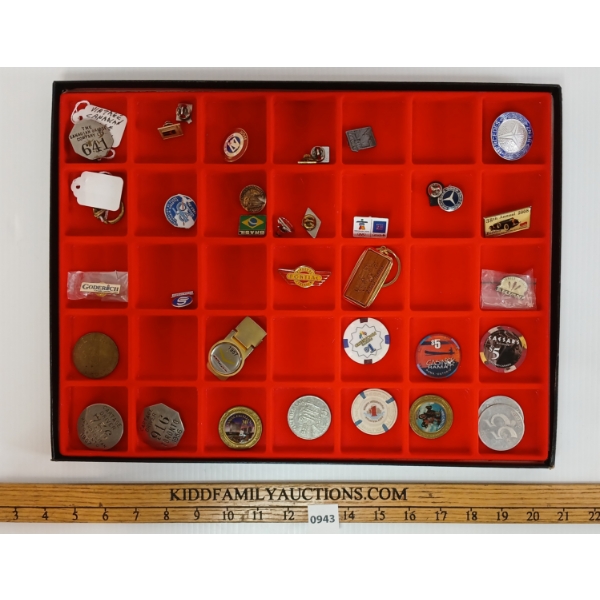 QTY OF MISC AUTO PINS, TOKENS, ETC. - INCL DISPLAY CASE