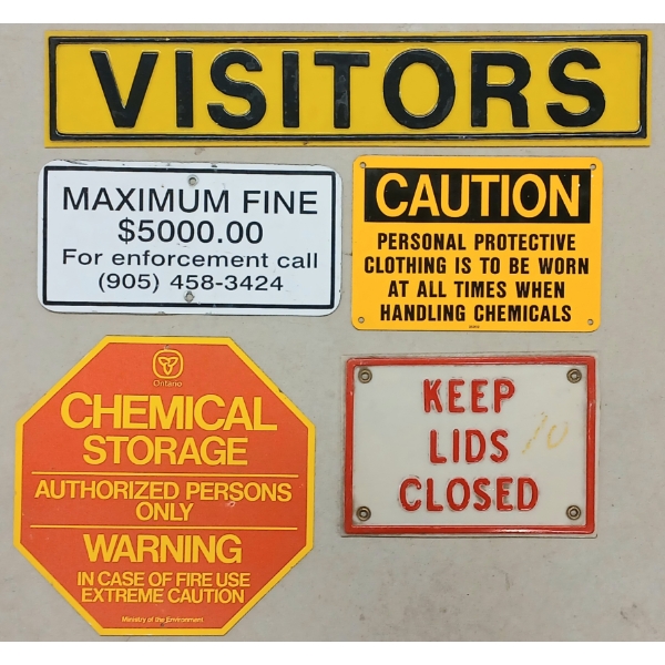 LOT OF 5 - TIN & PLASTIC SIGNS - CHEMICAL STORAGE, FINES, CAUTION, ETC
