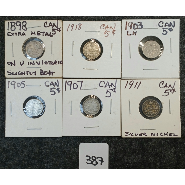 LOT OF 6 - 1898-1918 CDN 5 CENT COINS