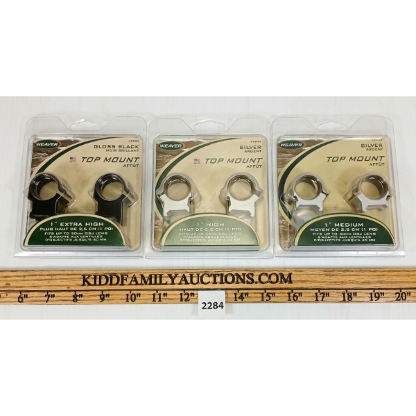 LOT OF 3 - WEAVER TOP MOUNTS 1IN MEDIUM, HIGH & EXTRA HIGH - SILVER & BLACK