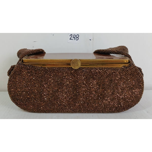 BRONZE BEADED BOX CLUTCH PURSE W/ COMPACT MIRROR