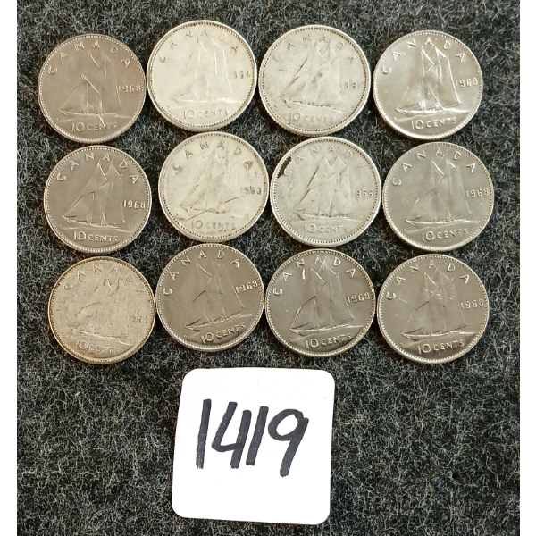 LOT OF 12 - 1956-1968 CDN 10 CENT COINS