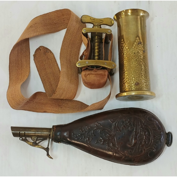 LOT OF 3 - PETIT'S TYPE SCREW TOURNIQUET, ARTILLERY SHELL TRENCH ART & LEATHER POWDER FLASK