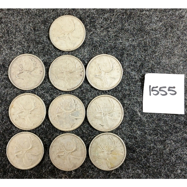 LOT OF 10 - 1953-1966 CDN 25 CENT SILVER COINS