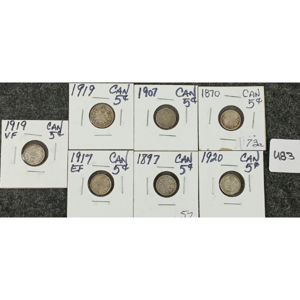 LOT OF 7 - 1870-1920 CDN SILVER 5 CENT COINS 