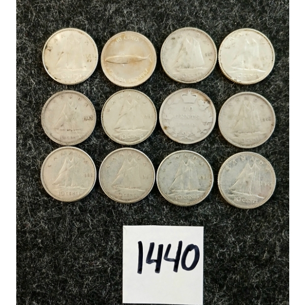 LOT OF 12 - 1900-1968 CDN 10 CENT COINS