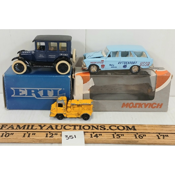 LOT OF 3 - LESNEY THAMES TRADER COMPRESSOR TRUCK, ERTL '23 FORD SEDAN & MOSKVICH USSR AVTOEXPORT