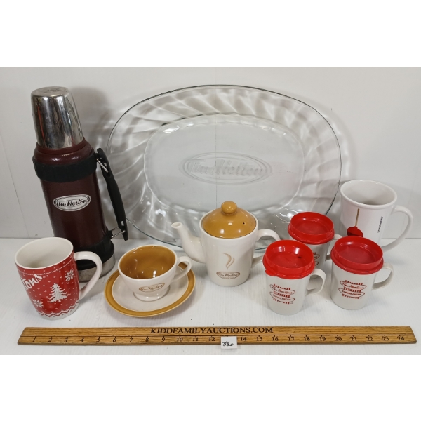 JOB LOT - TIM HORTON'S & STARBUCKS COLLECTIBLES - INCL THERMOS, SERVING TRAY & COFFEE CUPS, ETC