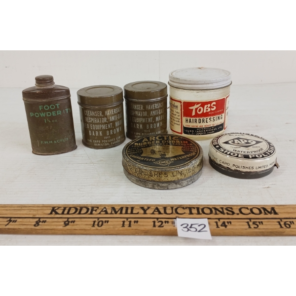 LOT OF 6 - WWII CDN PRODUCT CONTAINERS - INCL SHOE POLISH, TOBS HAIRDRESSING GEL, FOOT POWDER, ETC