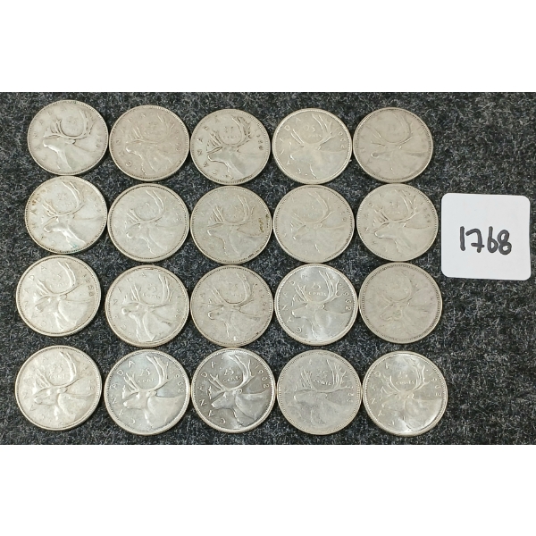 LOT OF 20 - 1940-1962 CDN SILVER 25 CENT COINS