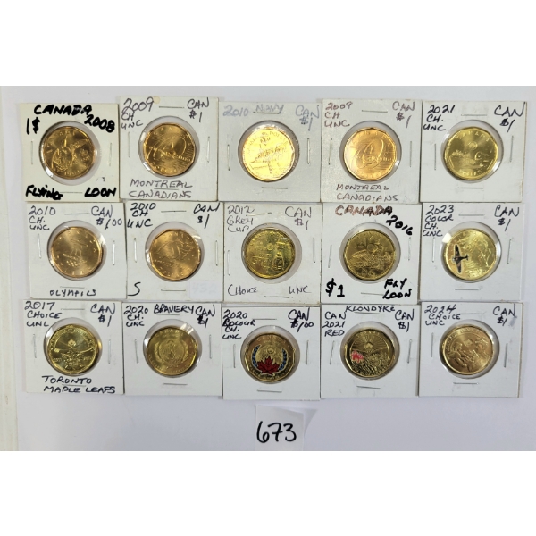 LOT OF 16 - CDN LOONIES - INCL 2008 FLYING LOON & 2009 MONTREAL CANADIENS