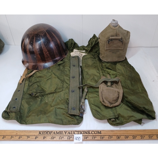 LOT OF 4 - M1 HELMET LINER, MAG POUCH, CANTEEN & FLAK JACKET