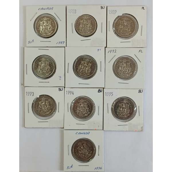 LOT OF 10 - 1987-1996 CDN 50 CENT COINS