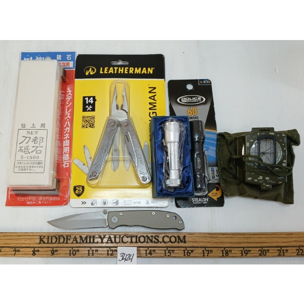 LOT OF 6 - LENSATIC COMPASS, KNIFE SHARPENER, GERBER FOLDING KNIFE, LEATHERMAN TOOL & FLASHLIGHTS