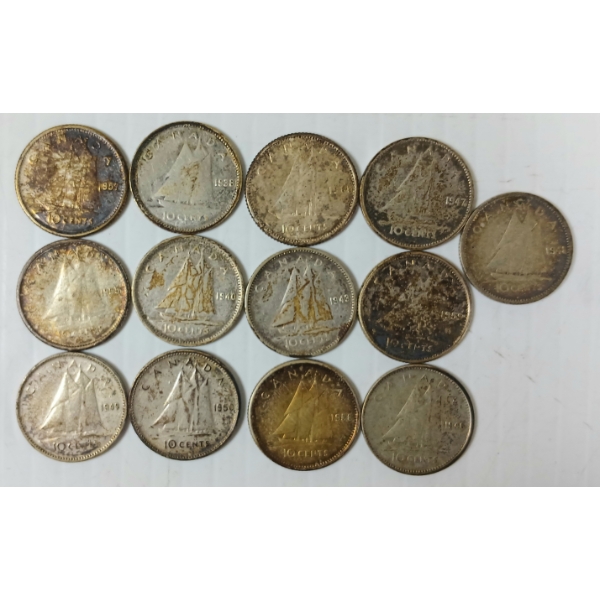 LOT OF 13 - 1938-1961 CDN 10 CENT COINS 