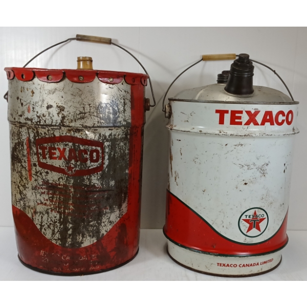 LOT OF 2 - TEXACO 5 GAL FUEL CANS W/ SPOUTS