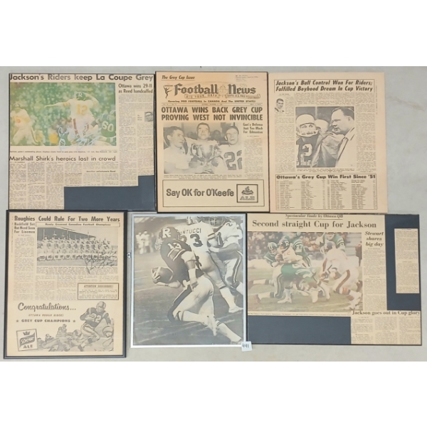 LOT OF 6 - OTTAWA ROUGH RIDERS FOOTBALL FRAMED PHOTOS & NEWS ARTICLES - AUTOGRAPHED
