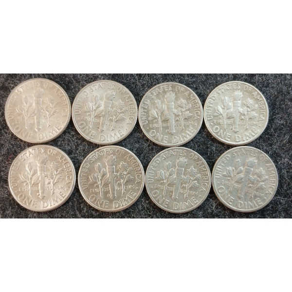 LOT OF 8 - 1956-1964 U.S. 10 CENT COINS