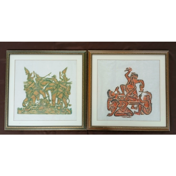 LOT OF 2 - THAI TEMPLE RUBBINGS BY UNKNOWN ARTIST - CHALK & CHARCOAL ON RICE PAPER