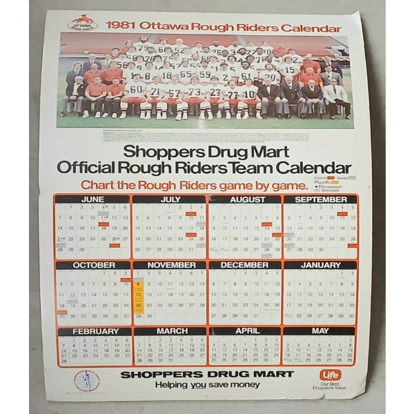 1981 OTTAWA ROUGH RIDERS FOOTBALL CALENDAR BY SHOPPER'S DRUGMART - FOAM CORE SIGN