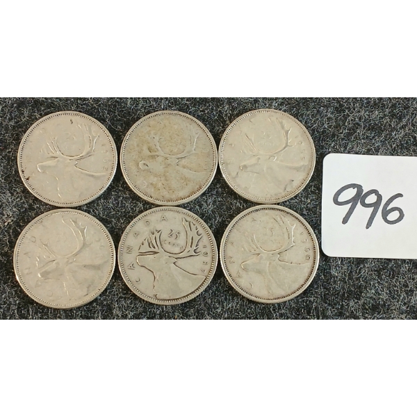 LOT OF 6 - 1937-1965 CDN 25 CENT COINS