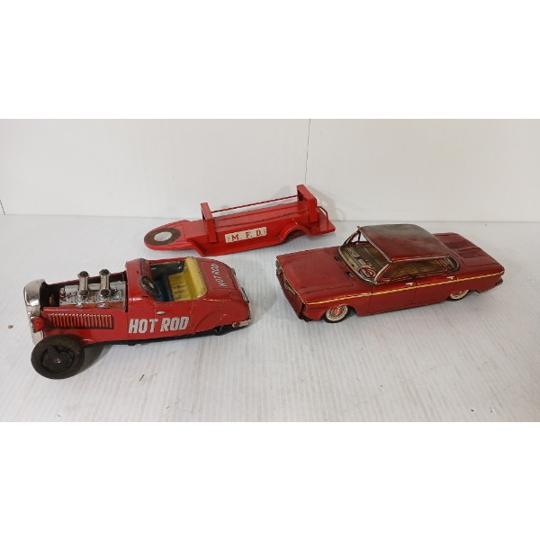 LOT OF 3 - JAPANESE MFG TIN FRICTION CARS & TRAILER