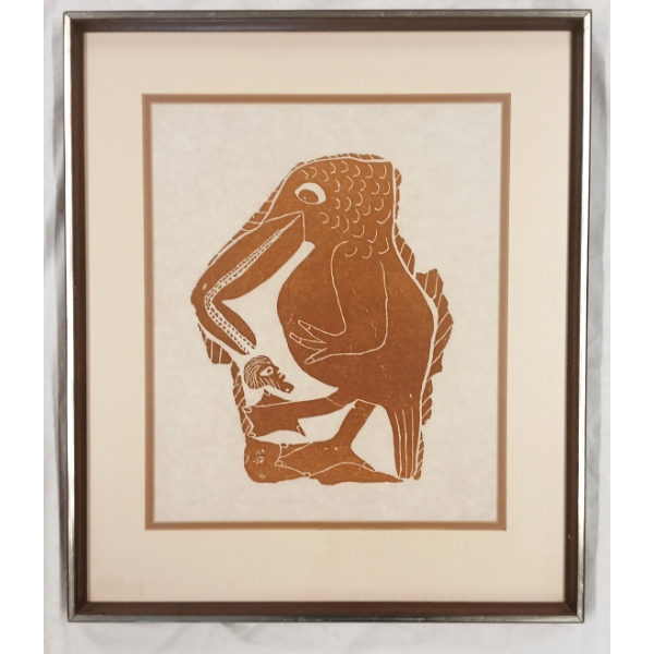 "LEGEND OF THE BIRD EATING A MAN" BY LEAH QUMALUK (PRS CDN ARTIST) - FRAMED STONECUT