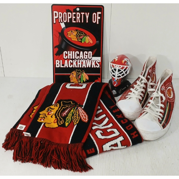 LOT OF 4 - CHICAGO BLACK HAWKS SCARF, "PROPERTY OF" SIGN, ED BELFOUR MASK FIGURE & HIGH-TOP SHOES