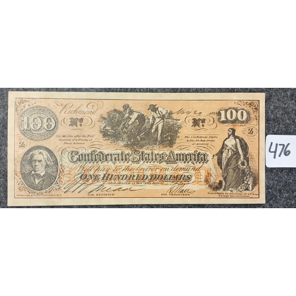 1860'S CONFEDERATE STATES OF AMERICA $100 BANKNOTE