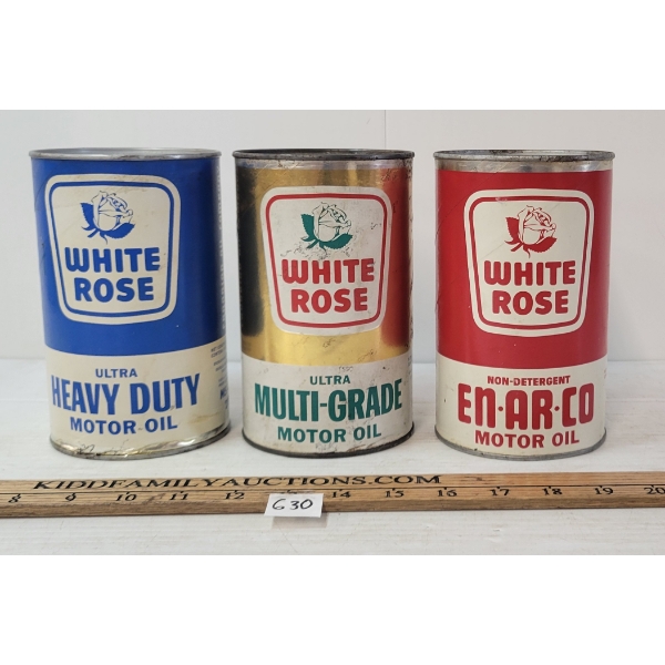 LOT OF 3 - WHITE ROSE ULTRA HEAVY DUTY & NON-DETERGENT EN-AR-CO MOTOR OIL FIBRE QT CANS