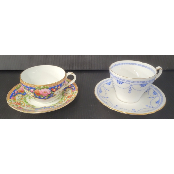 LOT OF 4 - SHELLEY OLD SEVRES & BLUE BELLS ON CHAIN TEACUPS & SAUCERS