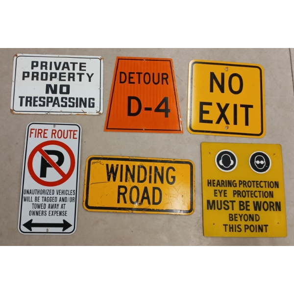 LOT OF 6 - ROAD SIGNS - NO EXIT, WINDING ROAD, DETOUR D-4, ETC
