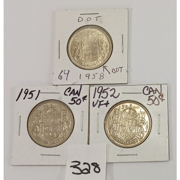 LOT OF 3 - CDN 50 CENT SILVER PCS - INCL 1951, 1952 & 1958