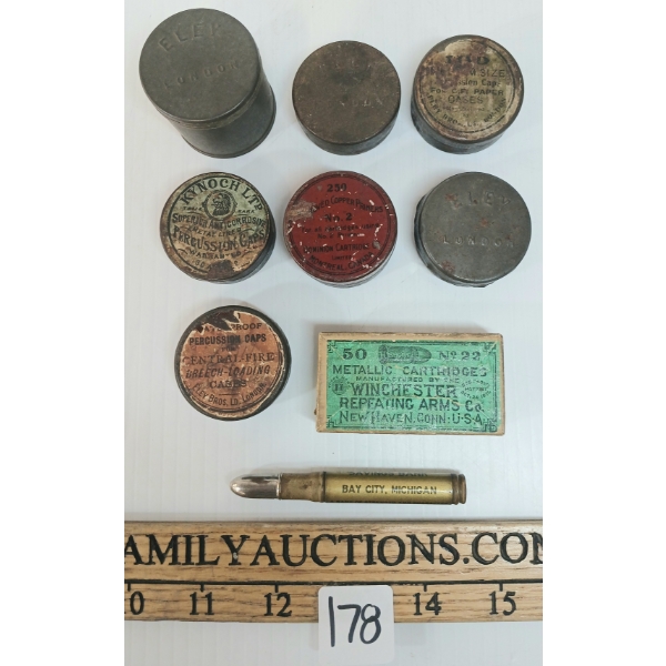 LOT OF 9 - VINTAGE PRIMER & PERCUSSION CAP TINS, WINCHESTER NO. 22 AMMO BOX & BULLET LETTER OPENER
