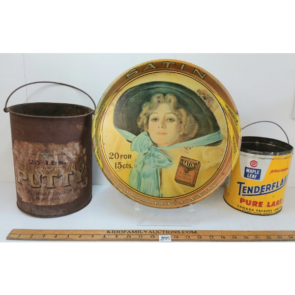 LOT OF 3 - SATIN CIGARETTES TRAY, LINSEED OIL PUTTY & TENDERFLAKE PURE LARD TINS