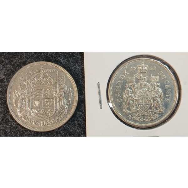 LOT OF 2 - 1957 & 1962 CDN 50 CENT SILVER COINS