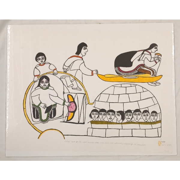 "QIVIUQ SPOTS ON THE EVIL WOMAN" BY JANET KIGUSIUQ UQAYUITTUQ (1926 - 2005) - LINO CUT STENCIL