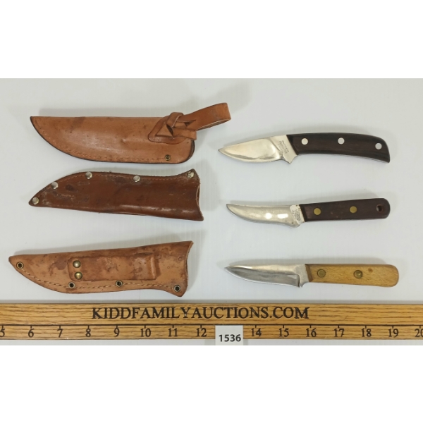 LOT OF 3 - HUNTING KNIVES - INCL ZEPF & GROHMANN W/ LEATHER SHEATHS
