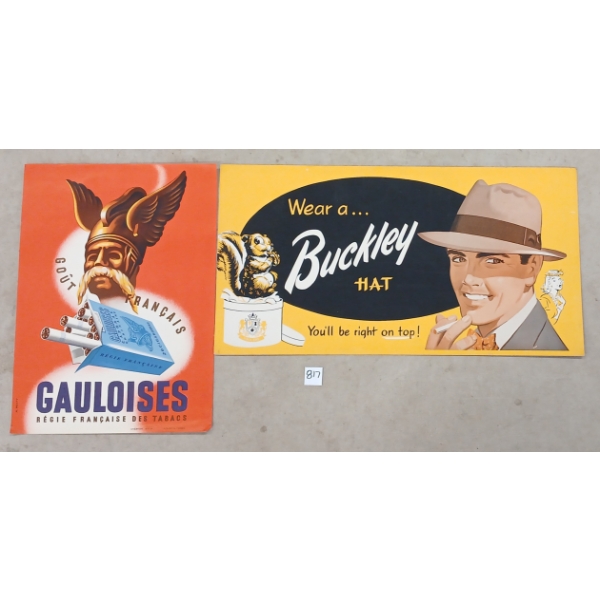 LOT OF 2 - GAULOISES CIGARETTES & BUCKLEY HATS ADVERTISEMENTS
