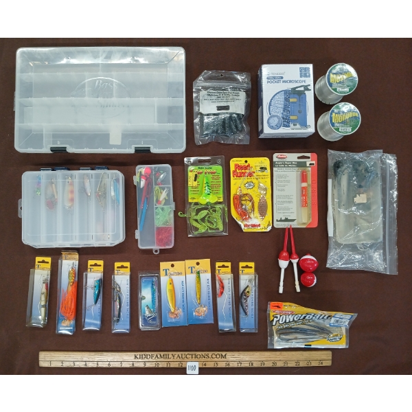 JOB LOT - FISHING ACCESSORIES - SPINNERS, LURES, SOFT BAIT, WEIGHTS, LINE, POCKET MICROSCOPE, ETC