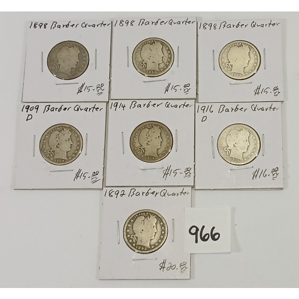 LOT OF 7 - U.S. SILVER BARBER 25 CENT PCS - INCL 1892, 1898 & 1909 ETC