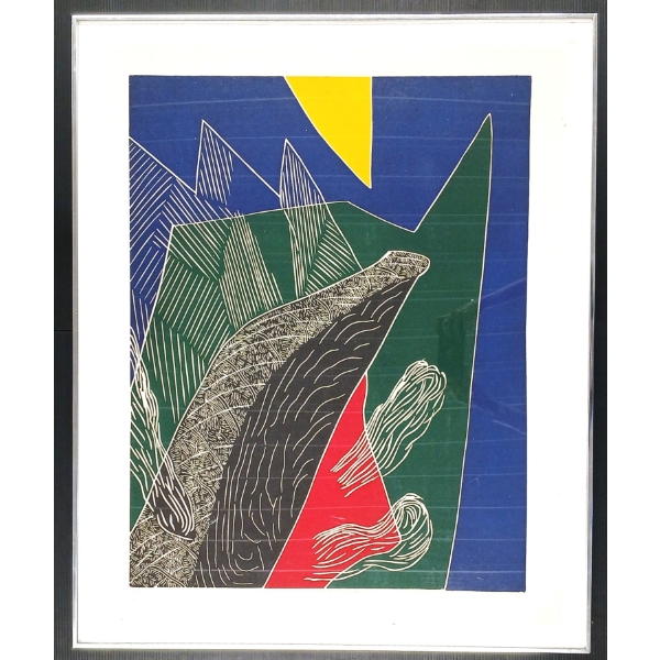 "MIST OVER SQUAMISH BY ARNOLD SHIVES - FRAMED COLOURED LINOCUT