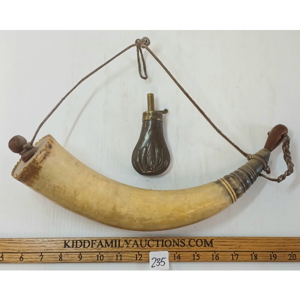 LOT OF 2 - BRASS & COPPER POWDER FLASK & POWDER HORN