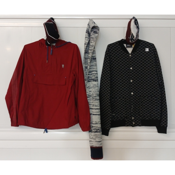 LOT OF 5 - MEN'S JACKETS, WINTER HATS & SCARF - MFG WESC, PENFIELD & DEUS EX MACHINA