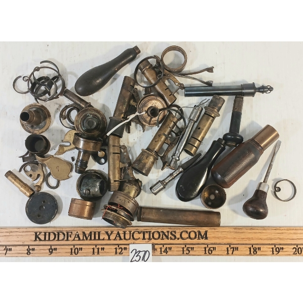 JOB LOT - VINTAGE ENFIELD PARTS, BP FLASK PARTS & BLACK POWDER MEASURES