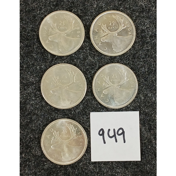 LOT OF 5 - 1964 CDN 25 CENT SILVER COINS